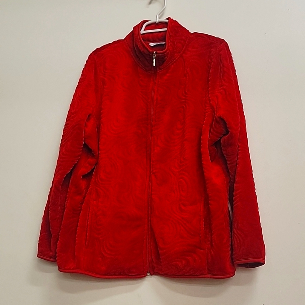 Textured Red Womens Minky Fleece Jacket Red Pockets 1X 2X